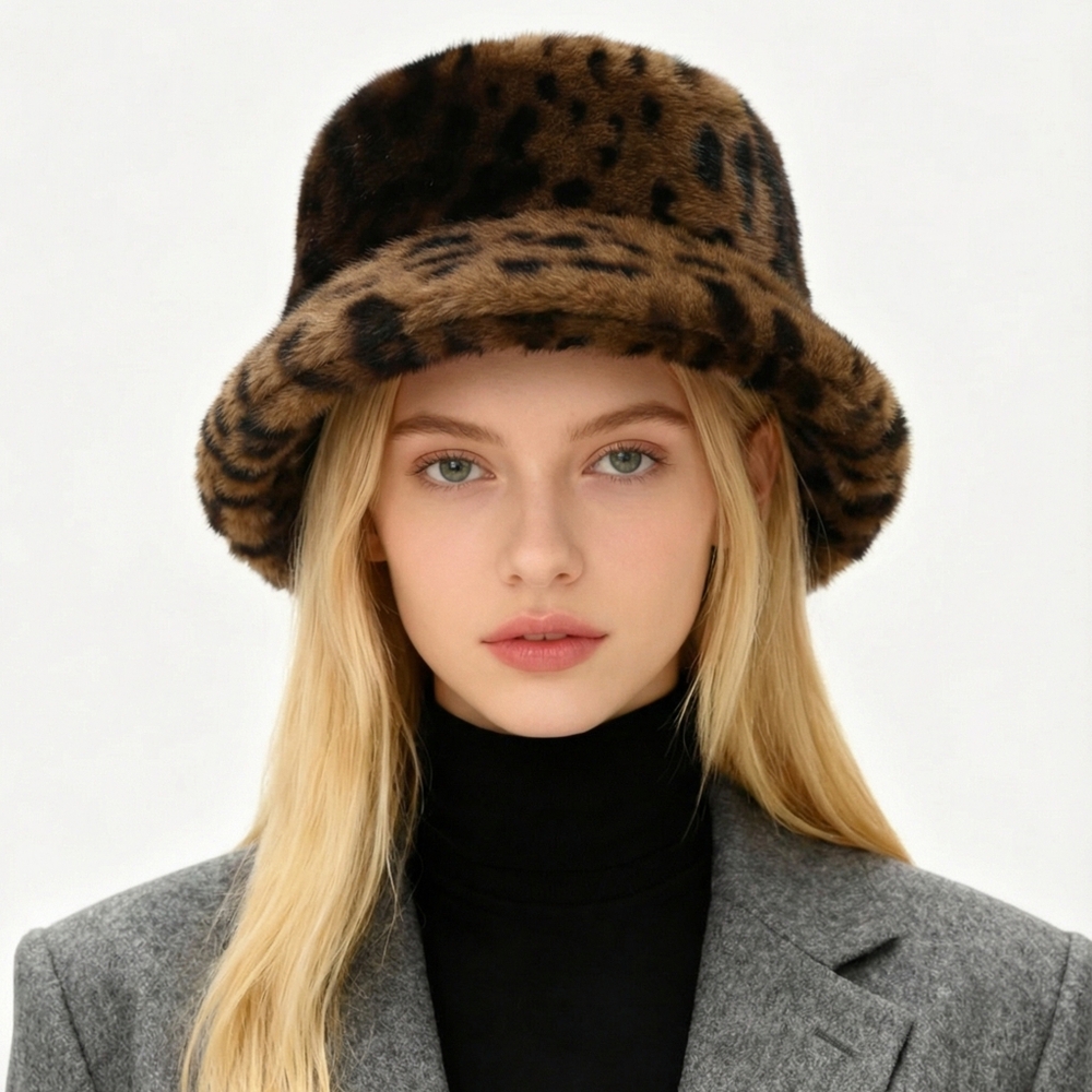 SEE MY OTHER ONES Faux Fur Bucket Hat Cheetah Print Animal Print Brown Black - Picture 1 of 11